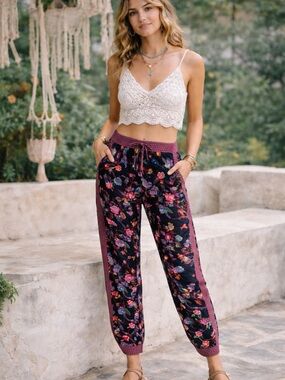 twik Black Floral Drawstring Jogger Pants with Purple Trim